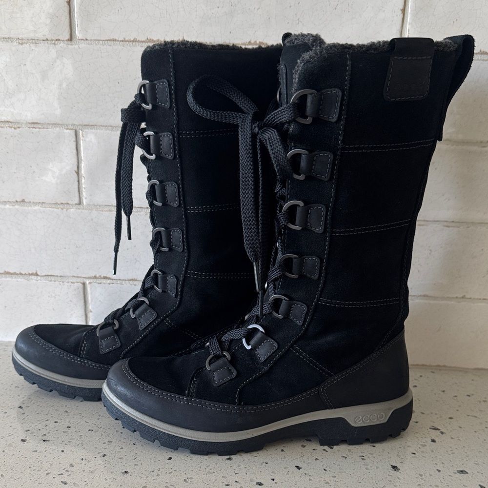 ECCO HYDROMAX Women's Black Leather Suede Lace-Up Mid Calf Winter Boots Size 37